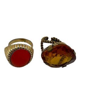 2 Adjustable Costume Rings Orange Cabochon & Faceted Amber Glass Gold Tone Boho